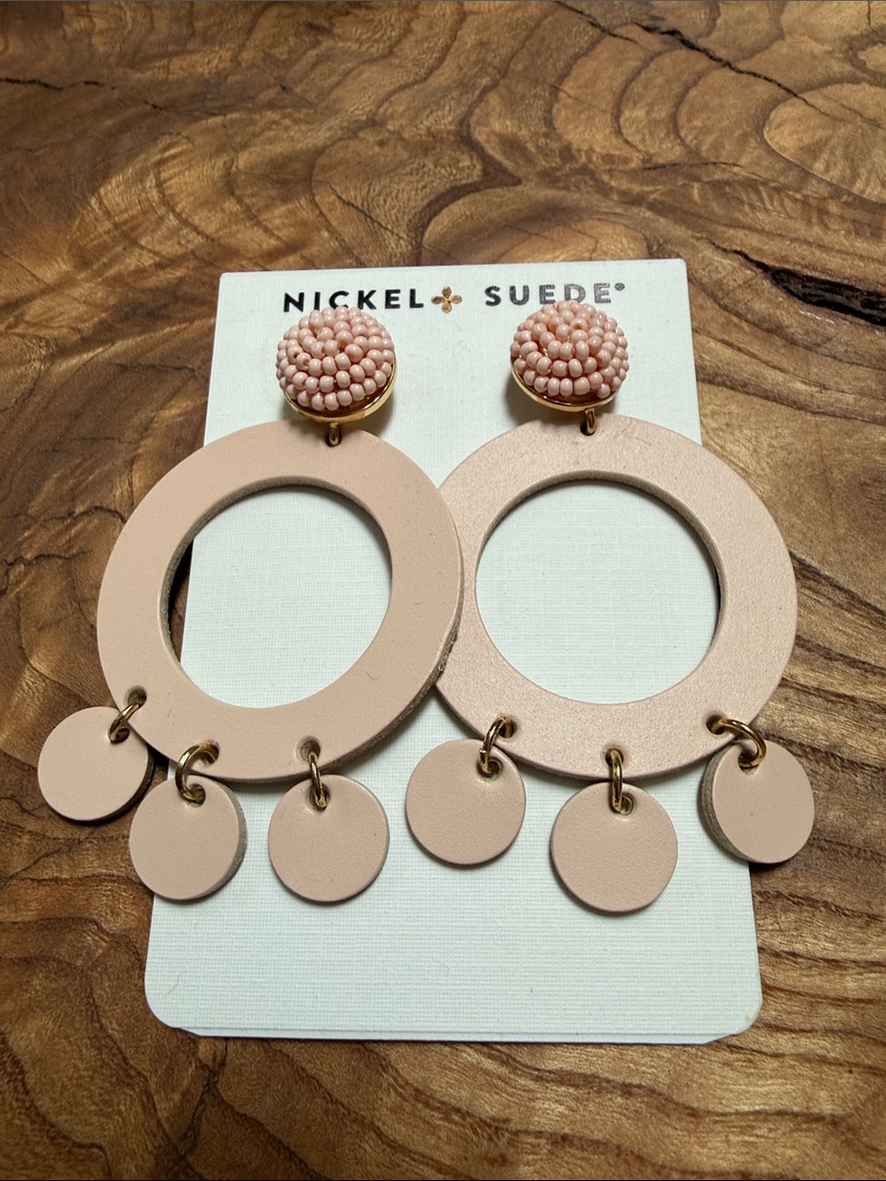 Nickel & Suede Blush Pink Beaded Hoop Drop Earrings NWT